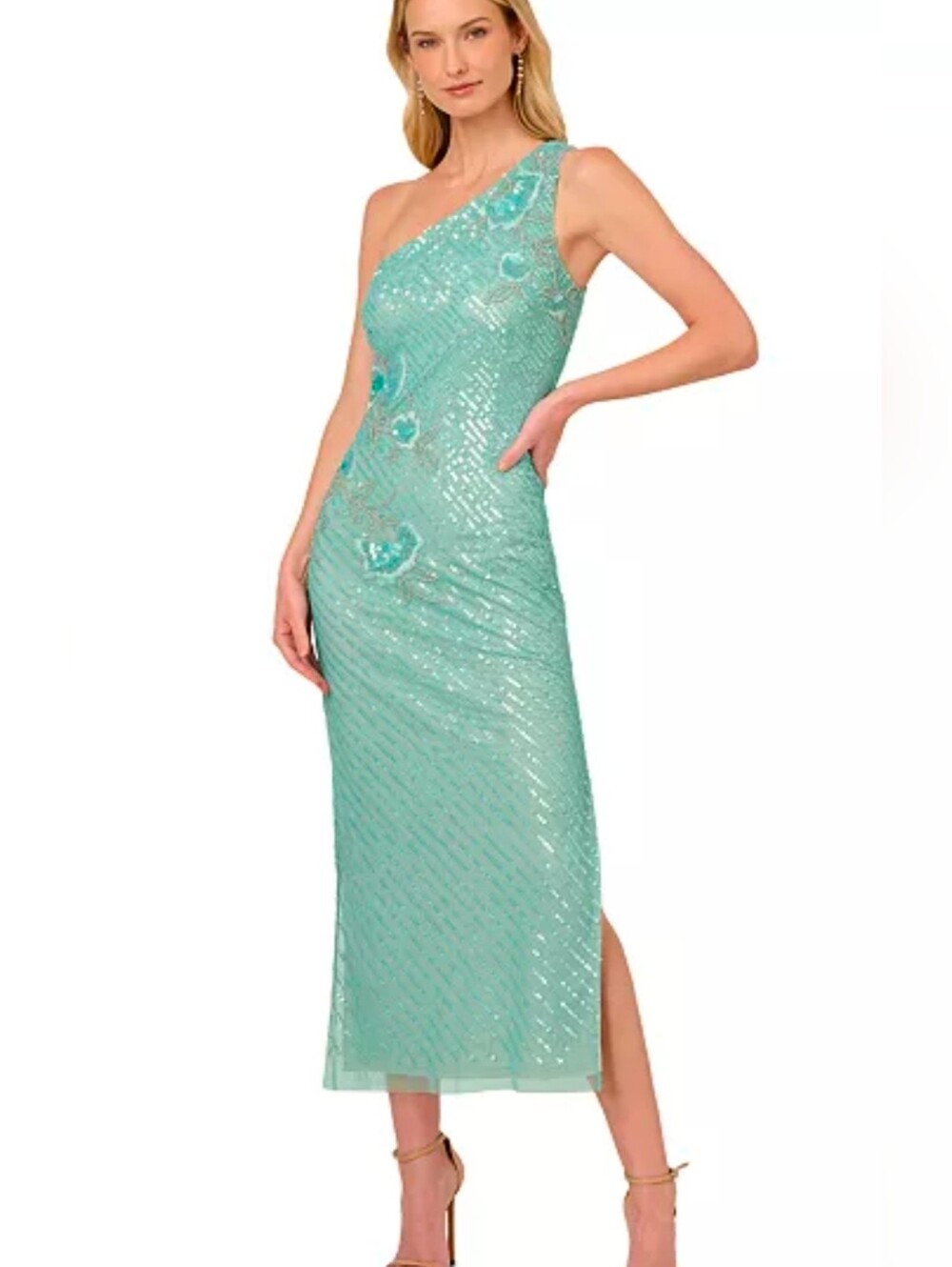 Adrianna Papell One Shoulder Beaded Sequin Dress Size 12 NWT $300 Mermaidcore